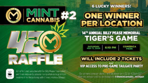 Promotional image for The Mint Cannabis #1 420 raffle featuring NFL Draft tickets and medicated gift baskets as prizes