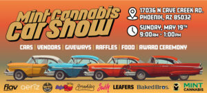A vibrant display of custom cars and vintage classics at the Mint Cannabis Car Show & Expo in Phoenix, Arizona, with a crowd of enthusiasts admiring the unique automotive designs.